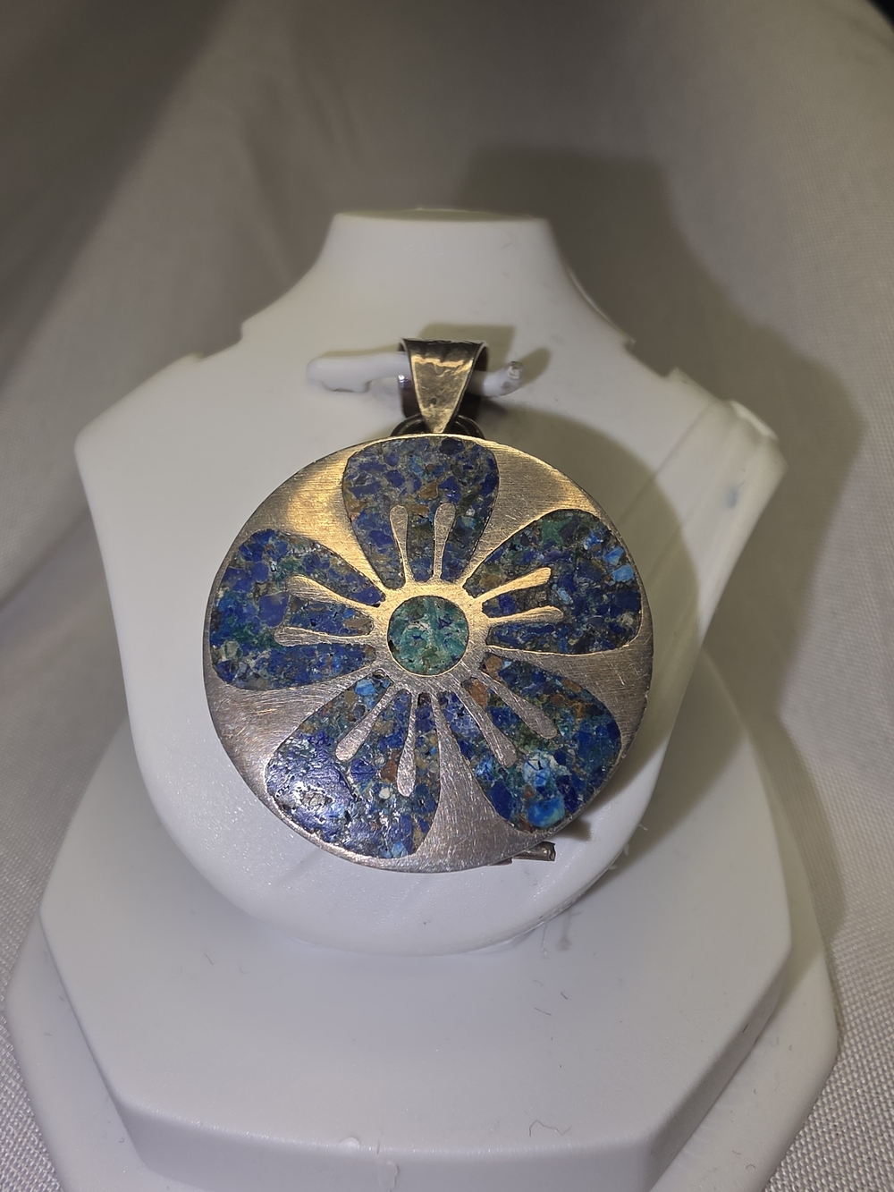 Vintage Taxco sterling silver Pendant Box, Inlay Lapis And Turquoise